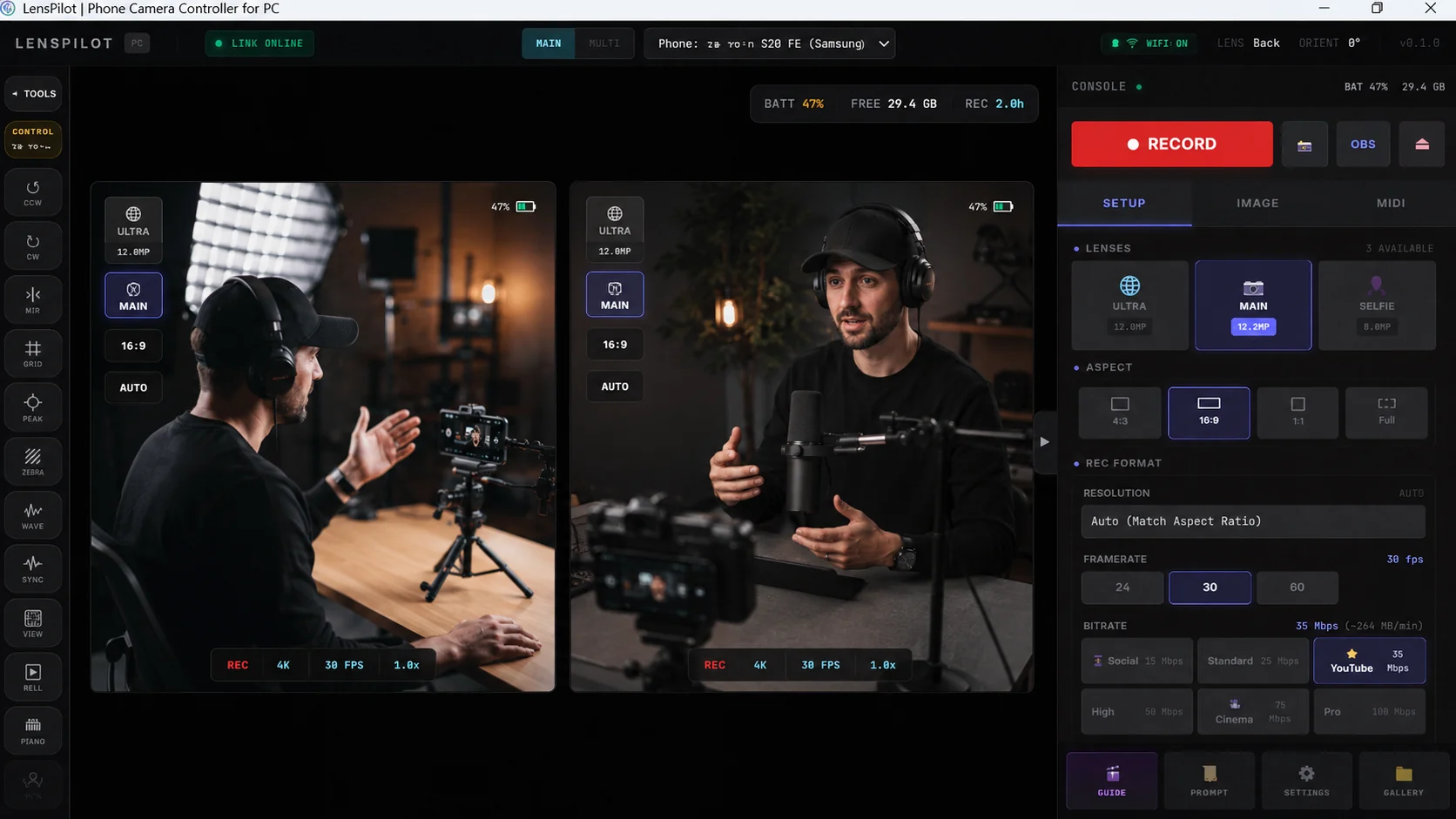The LansPilot console: two phone camera previews beside the recording and camera-control panel